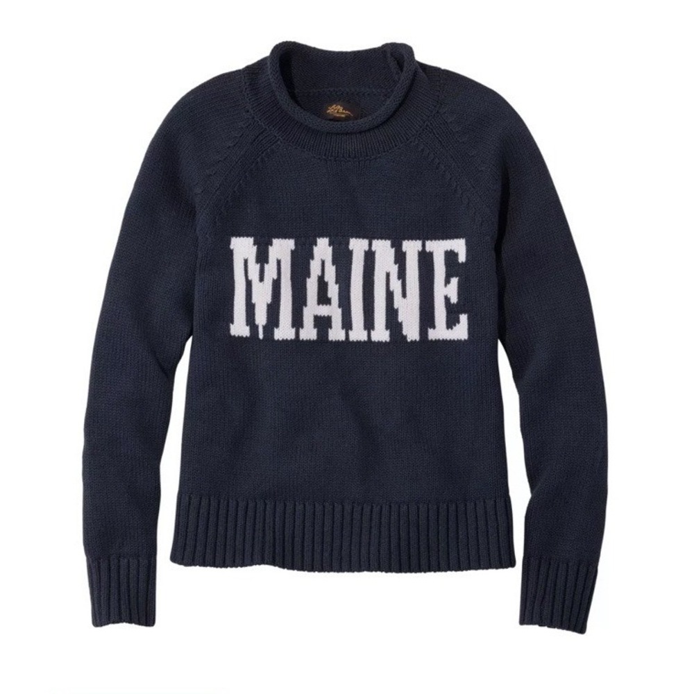 NEW TAGS LL Bean Novelty Roll Neck Cotton "MAINE" Sweater M Navy $130